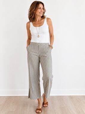 LR4409 DIP Womens Size 16 Gray White Stripe Linen Blend Cropped Wide Leg Pull On